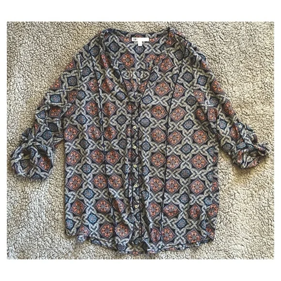 DR2 Women’s Large Blue & Salmon Pink Paisley Bohemian Button Up Blouse. - Picture 5 of 11